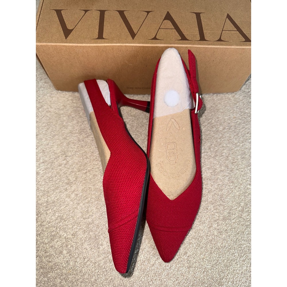 VIVAIA Red Elegant Pointed Toe Slingback Heels Knit Comfort Pumps EU/37 US/6.5 - Picture 7 of 11